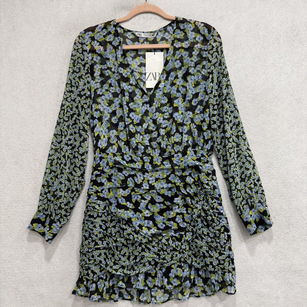 Zara Dress Womens Medium Multicolor Floral Chiffon Wrap Ruched Long Sleeve Mini